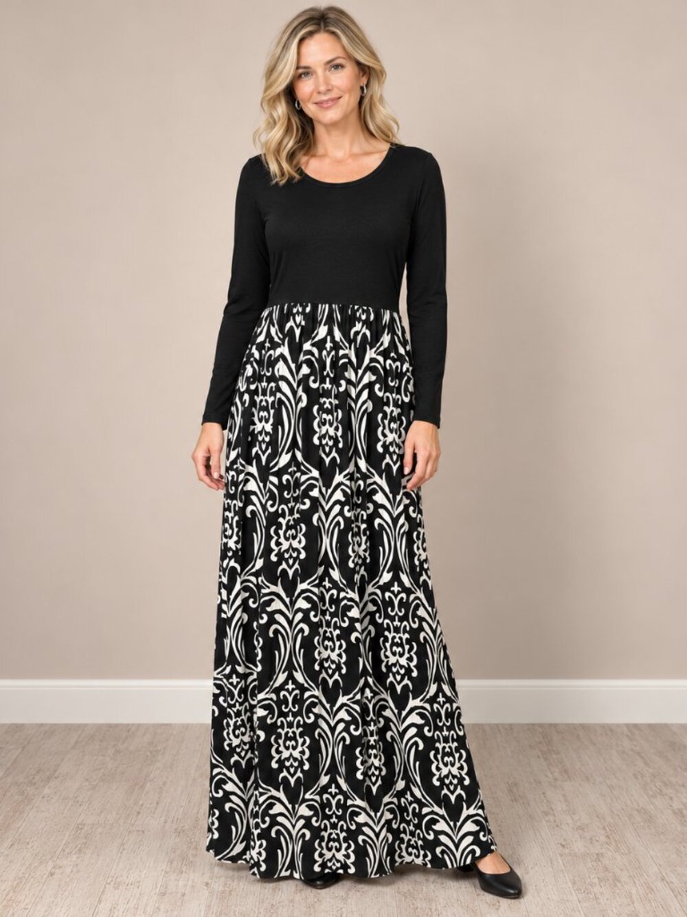 Grecerelle Black White Damask Print Long Sleeve Maxi Dress Women’s Large